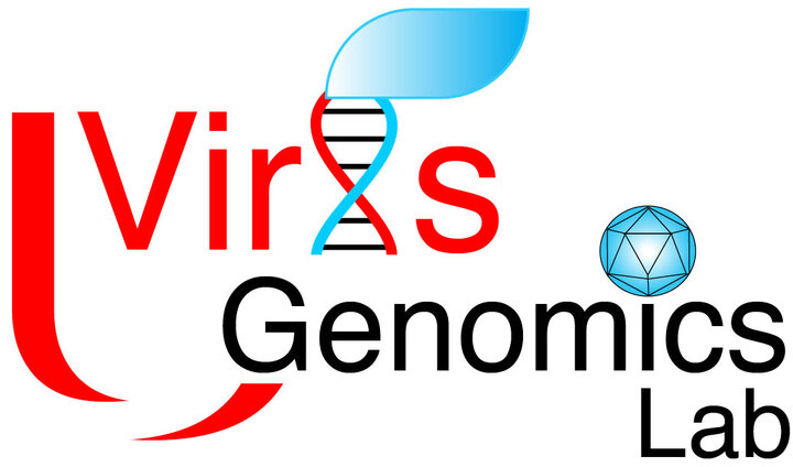 Virus Genomics Lab logo featuring DNA strand and blue sphere.